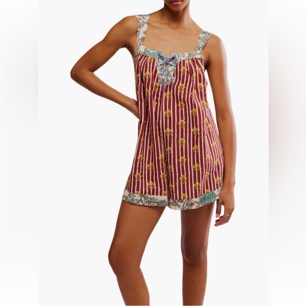 Free People Burgundy Striped Floral Romper Shorts with Teal Trim